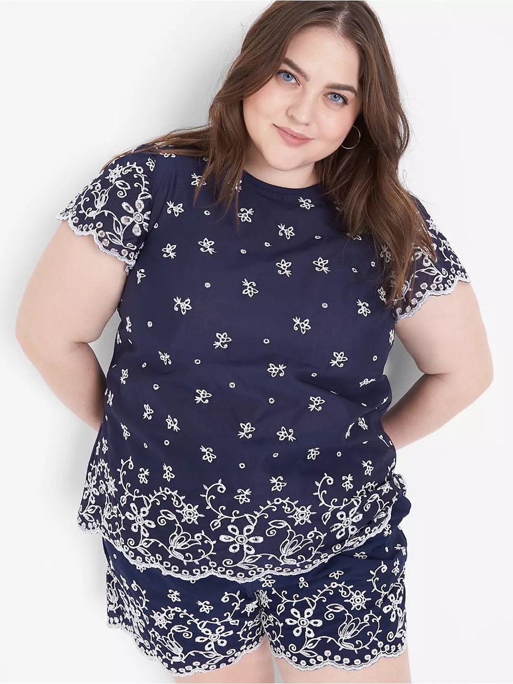 Flutter-Sleeve Woven Eyelet & Knit Top Plus Size 26 28 Embroidered Navy Blue New